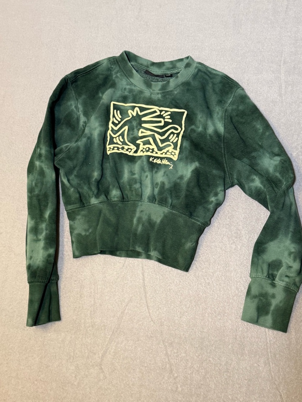 Keith Haring Women’s M Crop Sweatshirt Sweater Fleece Tie Dye Green Art to Wear